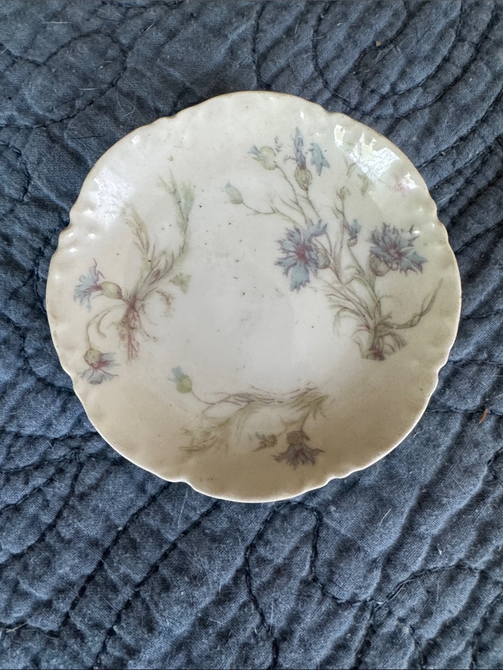 Vintage Floral Scalloped Edge Havilland Butter Pat  - Pale Blue & Green Flowers